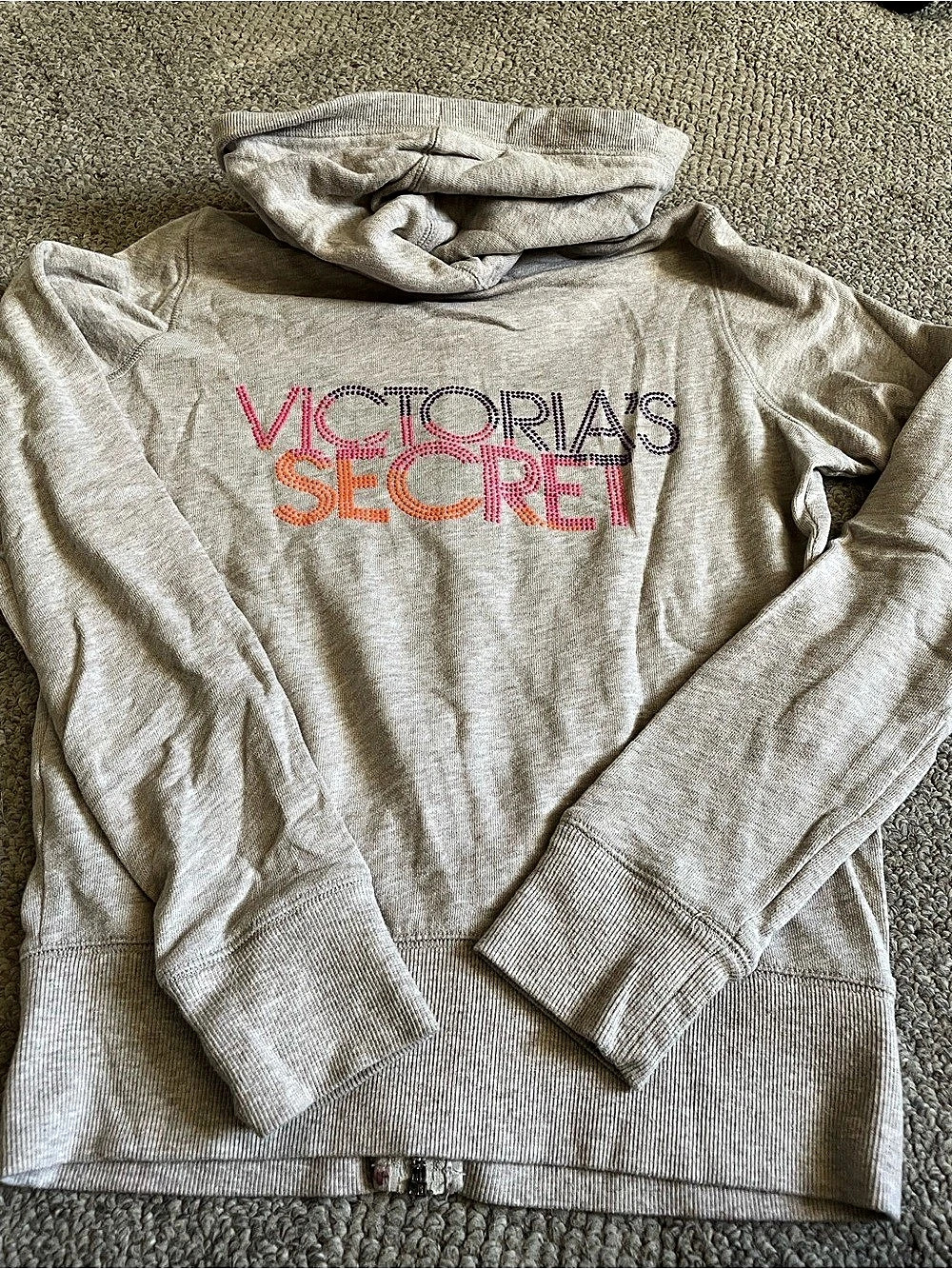Victoria's Secret vintage Rhinestone Logo Full Zip Hoodie beige Gray